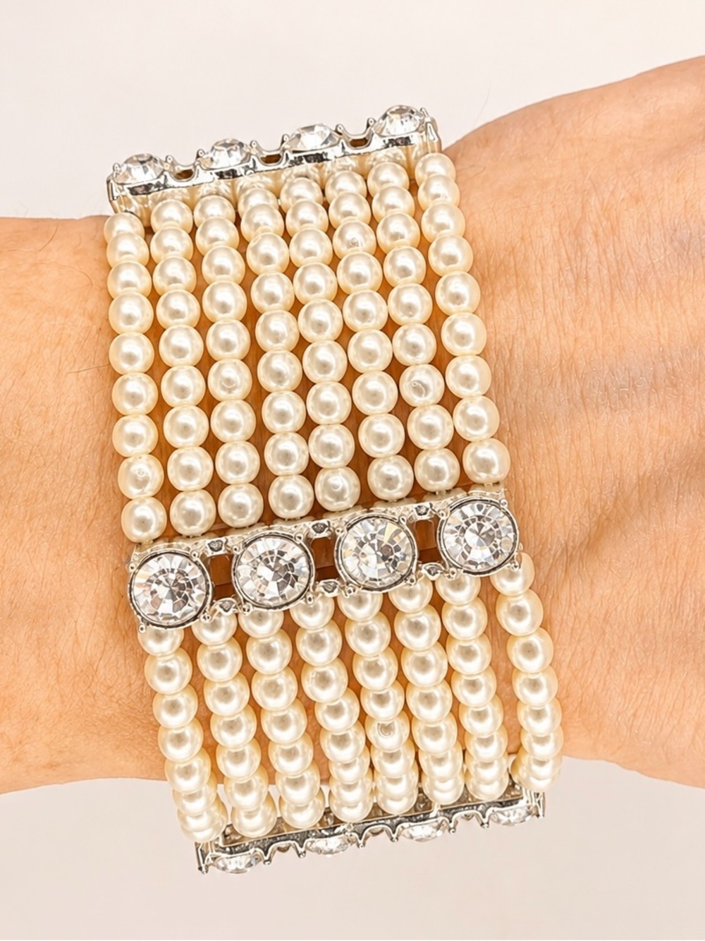 Pearl Multi-Row Bracelet with Clear Crystal Accents